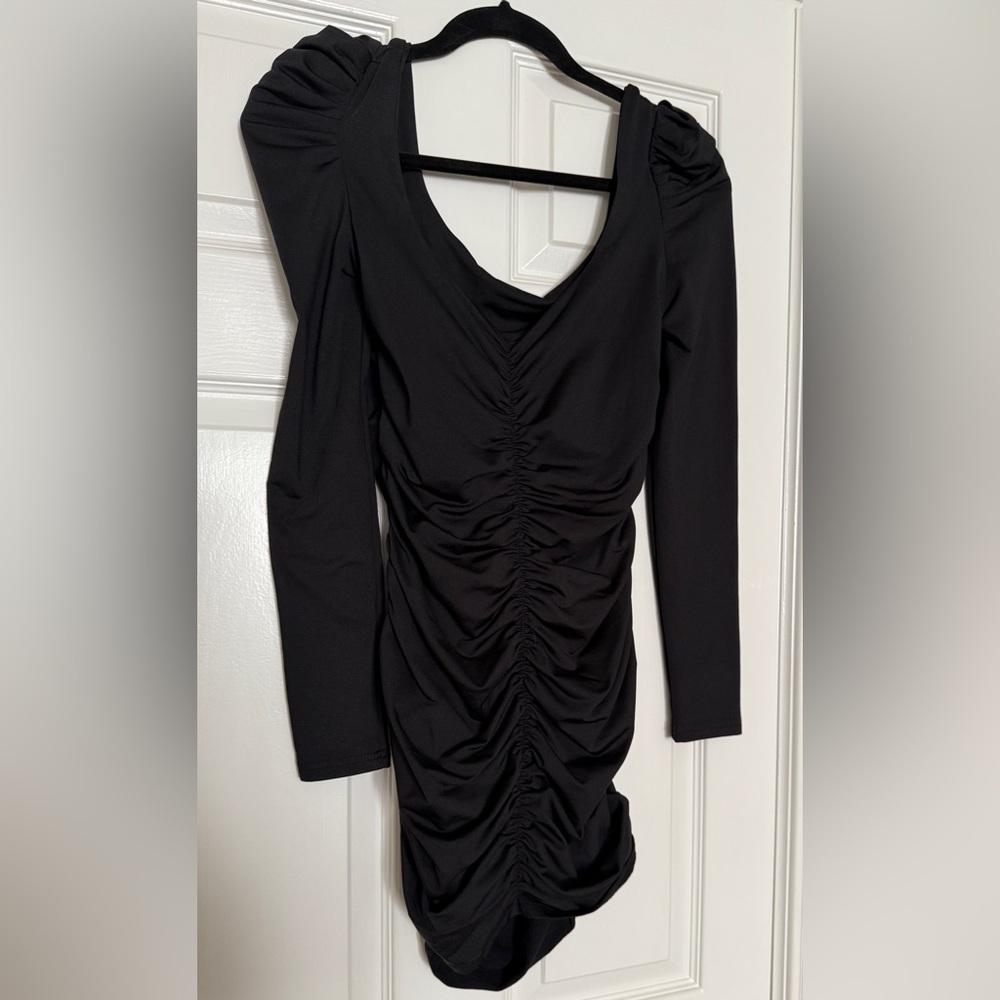 Elegant Black Long Sleeve Ruched Dress